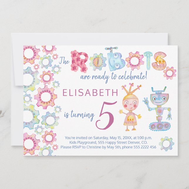 Robottema födelsedagsfest för barn söt inbjudan (Framsida)