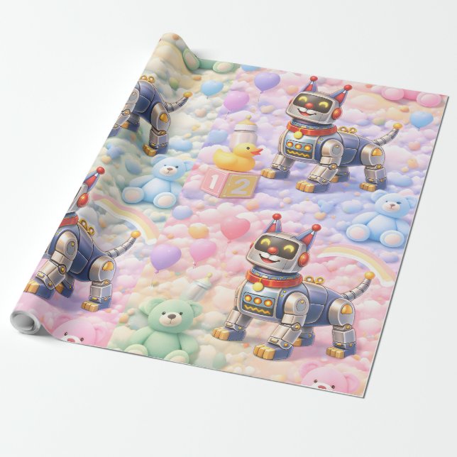 Robotvalp och regnbågsdrömmar premium presentpappe presentpapper (Utrullad)