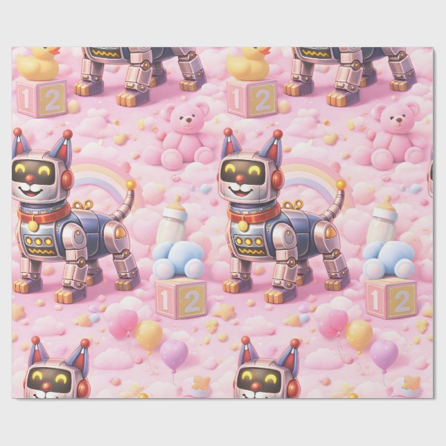 Robotvalp och rosa Teddy söta drömmar premium wr Presentpapper (Platt)