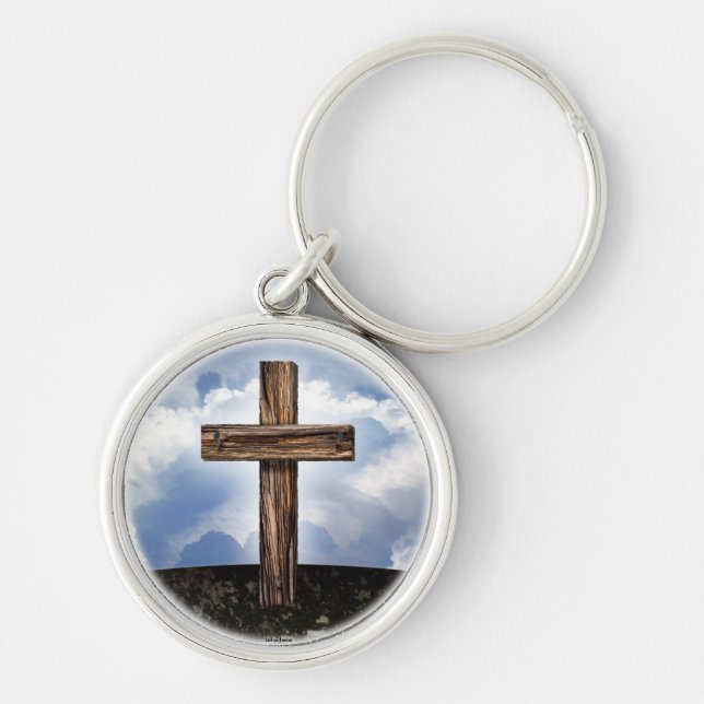Robust kors med himmel rund silverfärgad nyckelring (Framsidan)