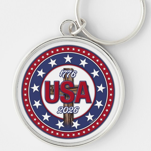 Robust kors USA 1776-2026 Rund Silverfärgad Nyckelring (Framsidan)