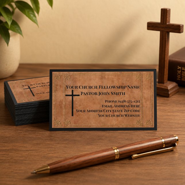 Robust Präglat Brunt Läder Kyrka Visitkort (The leather details are simulated in the artwork. No actual leather will be used in this card.)