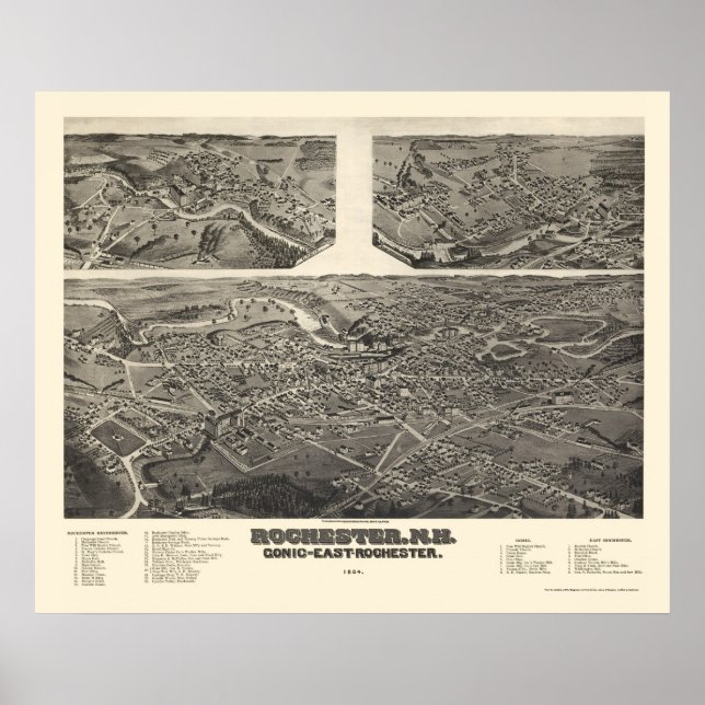 Rochester, NH Panoramic Karta - 1884 Poster (Framsidan)