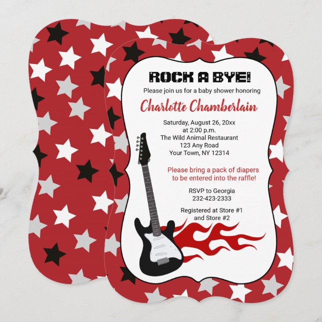 Rock a Bye Röd Rockstjärna Gitarr Baby Shower Inbjudningar (Fram/baksida)