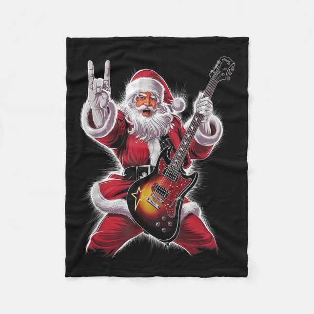 Rock &amp; Roll Christmas Santa Claus Guitar Playe Fleecefilt (Framsidan)