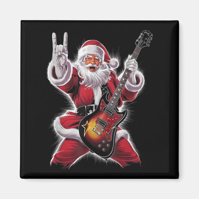 Rock &amp; Roll Christmas Santa Claus Guitar Playe Magnet (Framsidan)