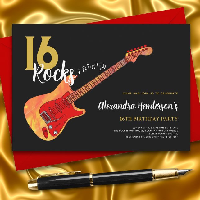 Rock and roll 16:e födelsedagsfesten 16 sten inbjudningar (16 rock electric guitar 16th birthday black and gold invitation)