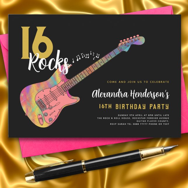 Rock and roll 16:e födelsedagsfesten inbjudningar (Rock and roll 16th birthday party black and gold invitation )