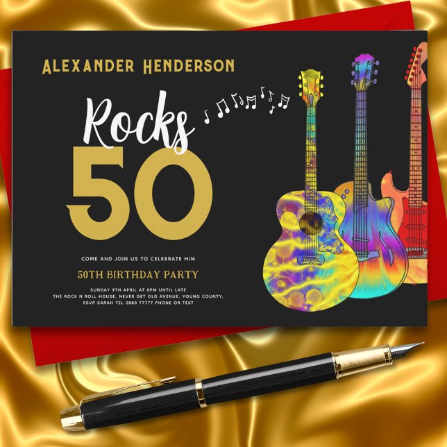 Rock and Roll 50-års födelsedagsfest Inbjudningar (Rock and roll guitar black and gold 50th birthday party invitation )