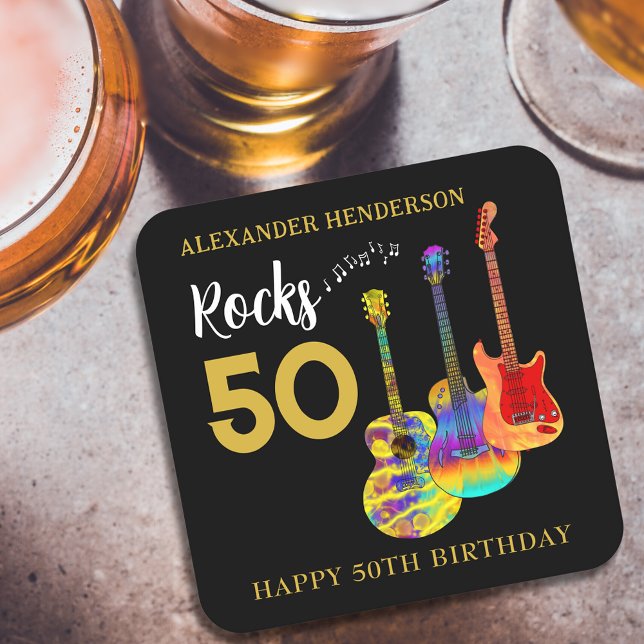 Rock and Roll 50-års födelsedagsfestnamn Underlägg Papper Kvadrat (Rock and roll 50th birthday party paper coaster funky guitars gold and black personalized for him)