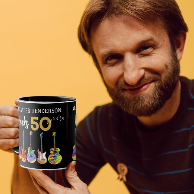 Rock and Roll 50-års födelsedagsgitarrer Mugg (Rock and roll personalized rocks 50 funky psychedelic guitars coffee mug for him)