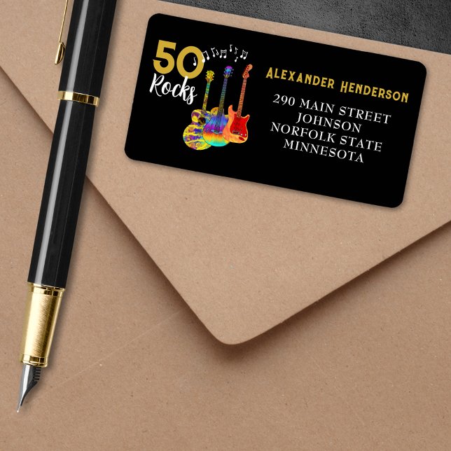 Rock and Roll 50-årsfest Anmälan Adressetikett (Rock and roll 50th birthday party RSVP return address label funky guitars cool gold typography black)