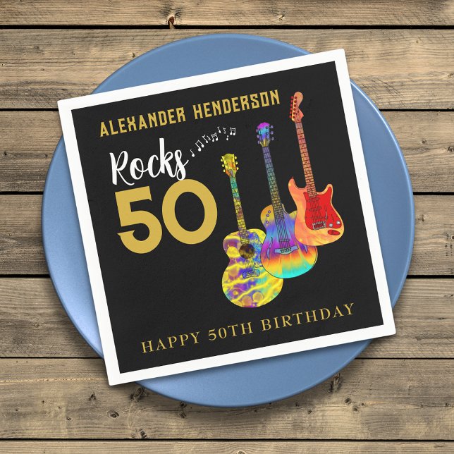 Rock and Roll 50-årsfest Pappersservett (Rock and roll 50th birthday party napkin for him funky guitars cool gold typography on Black)