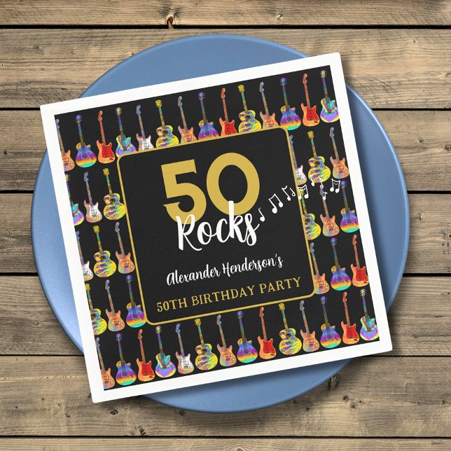 Rock and Roll 50-årsfest Specialdesign Pappersservett (Rock and roll 50th birthday party custom napkins with black and gold typography )