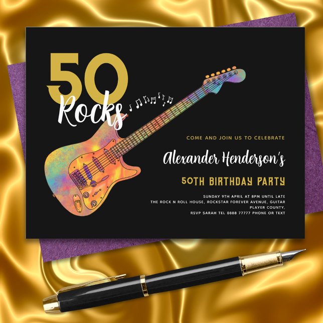 Rock and roll 50:e Födelsedagsfesten 50 Sten Inbjudningar (50 rocks black and gold funky guitar music 50th birthday party invitation )