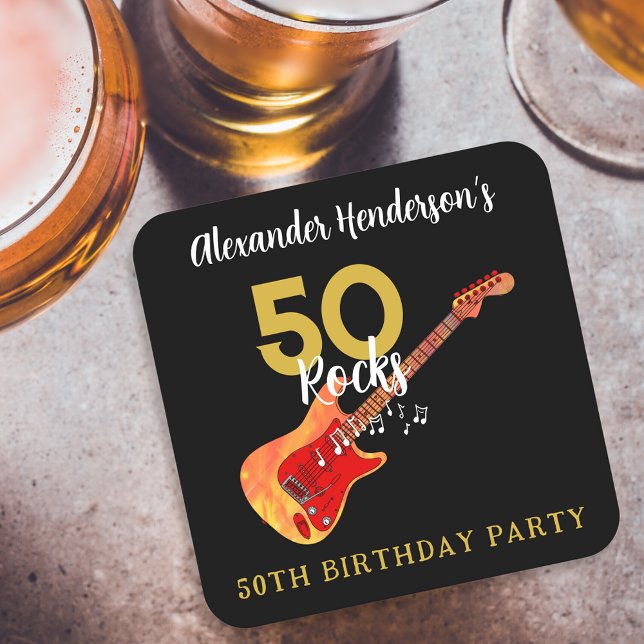 Rock and roll 50:e Födelsedagsfesten Underlägg Papper Kvadrat (50 Rocks funky guitar cool gold and black 50th birthday party paper coaster personalized for him)
