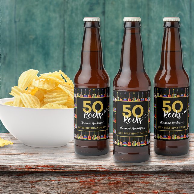 Rock and roll 50:e Födelsedagsfestens Anpassningsb Ölflaska Etikett (Rock and roll custom Roth birthday party beer bottle labels)