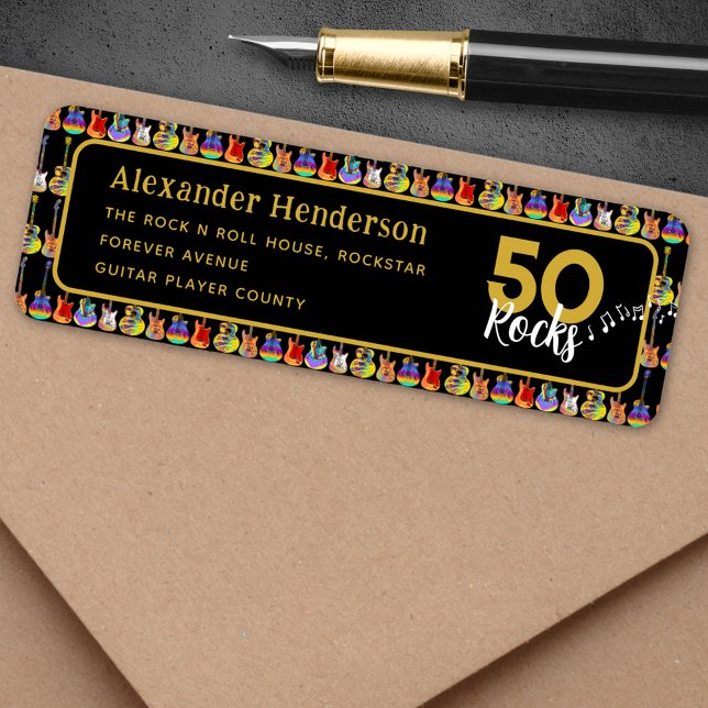 Rock and roll 50:e Födelsedagsfestens Returadress Etikett (50 rocks custom 50th birthday party return address labels)