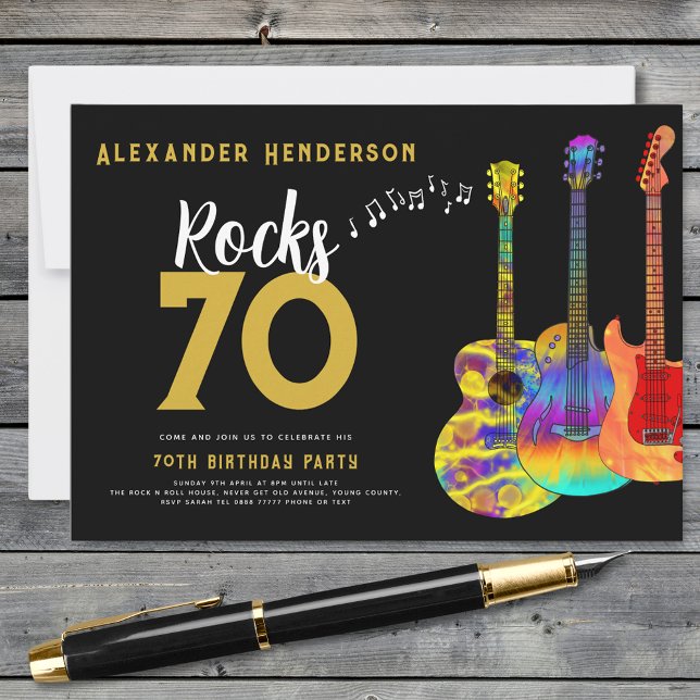 Rock and Roll 70-års födelsedagsfest Inbjudningar (Rock and roll 70th birthday party black and gold invitation )