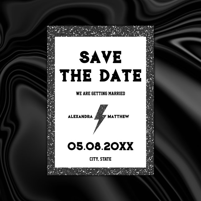 Rock and roll Black Glitter Retro Spara Datumet (rock and roll save the date black glitter rock black wedding retro vintage)