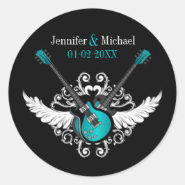 Rock and roll Bröllop Guitars Teal Black-klistermä Runt Klistermärke