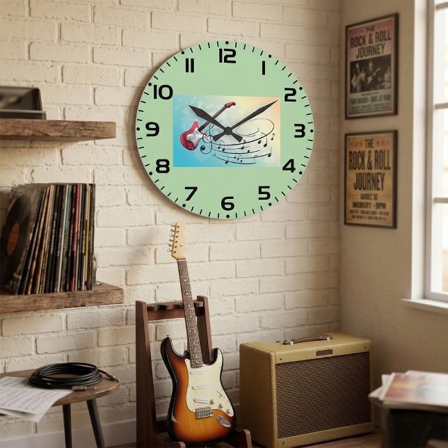 Rock and Roll Electric Guitar Swirling Music Notes Stor Klocka (Skapare uppladdad)