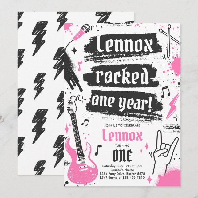 Rock and Roll-fest Fira Ettårsdag 1-års Födelsedag Inbjudningar (Fram/baksida)