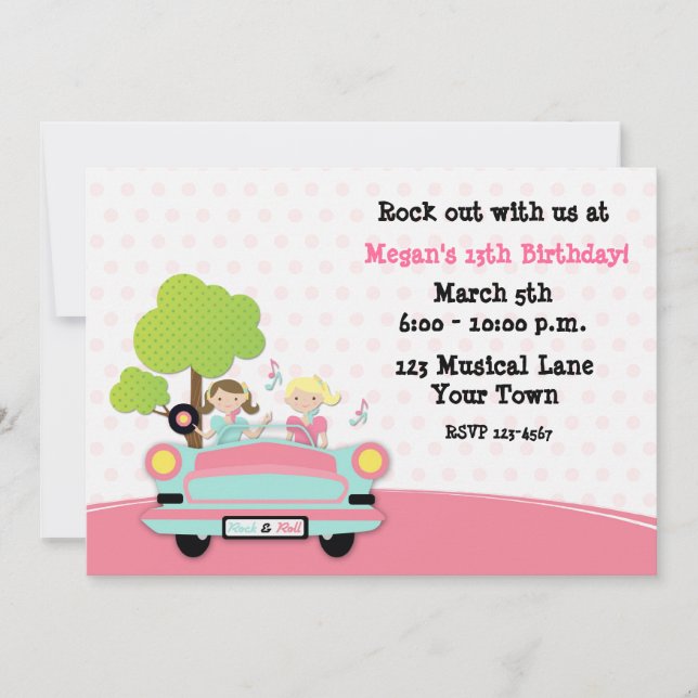 Rock and roll flickors födelsedagsinbjudan inbjudningar (Framsida)