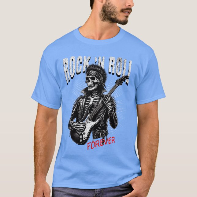 Rock and Roll Forever Skelett som spelar gitarr Pu T Shirt (Framsida)