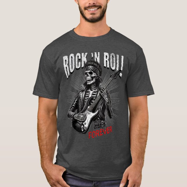 Rock and Roll Forever Skelett spelar gitarr punk T Shirt (Framsida)
