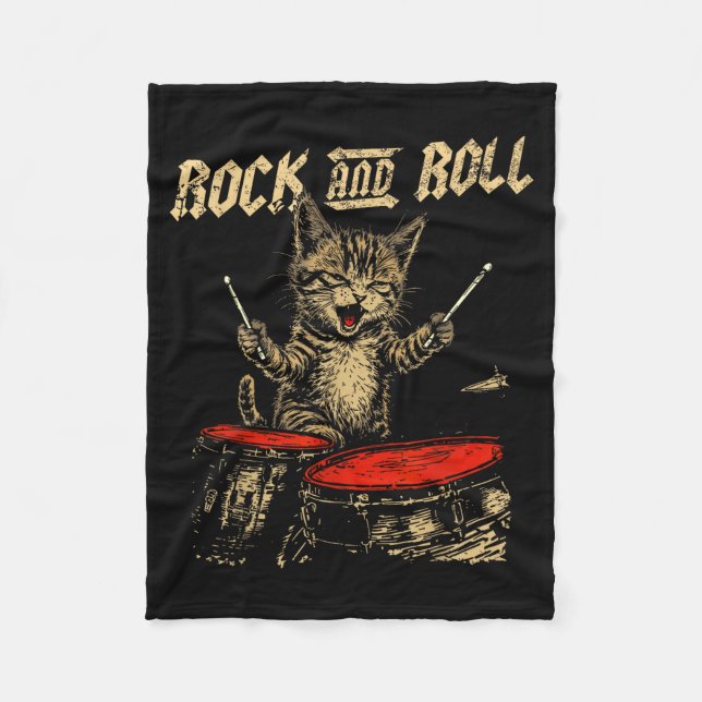 Rock And Roll Funny Cat Playing Drum For Men Women Fleecefilt (Framsidan)