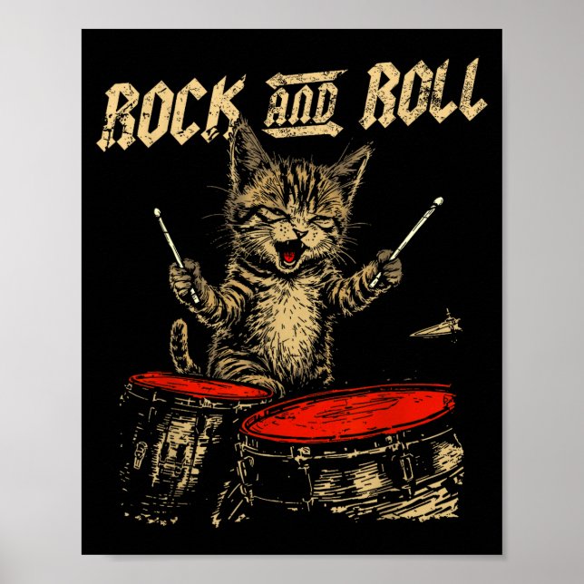 Rock And Roll Funny Cat Playing Drum For Men Women Poster (Framsidan)