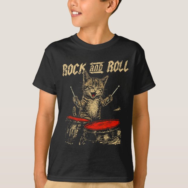 Rock And Roll Funny Cat Playing Drum For Men Women T Shirt (Framsida)