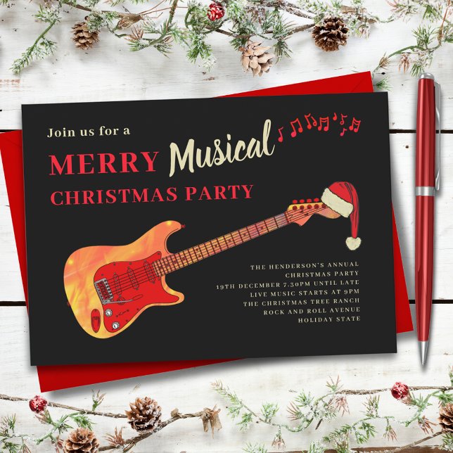 Rock and Roll Glad Jul Fest Inbjudningar (Rock and roll merry musical Christmas party music themed invitation guitarist musician band)