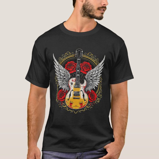 Rock and roll Guitar med Vingar Ro-cirkelformning T Shirt (Framsida)
