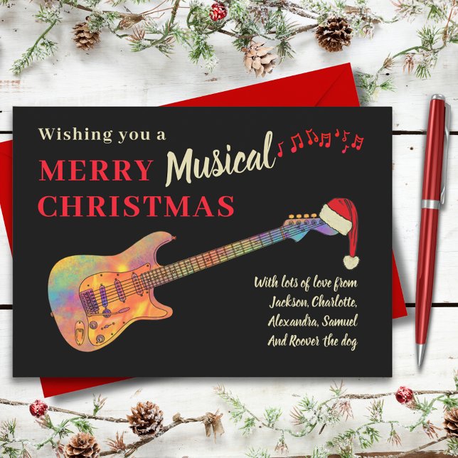 Rock and roll-julGuitar Wearing a Santa Hat Julkort (Rock and roll christmas guitar custom holiday greetings card merry musical funky electric guitar)