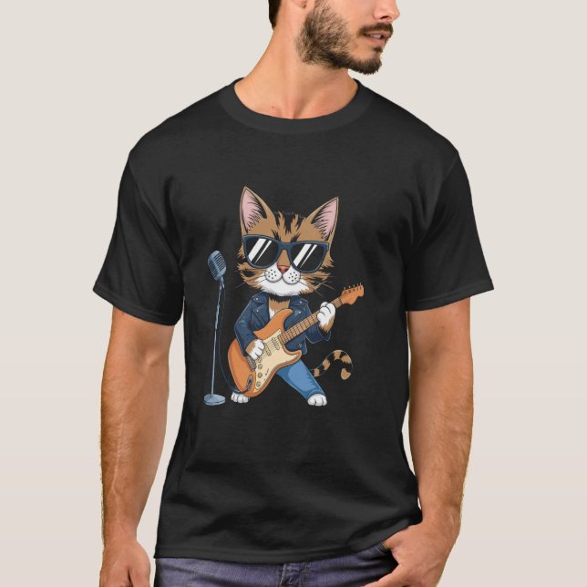 Rock and Roll Katt Spelar Gitarr T Shirt (Framsida)