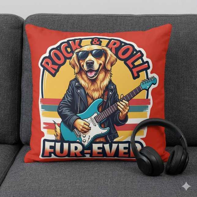 Rock and roll Päls-nånsin Golden Retriever Hund Kudde (Rock and Roll Fur-Ever Golden Retriever Dog Throw Pillow On Sofa)