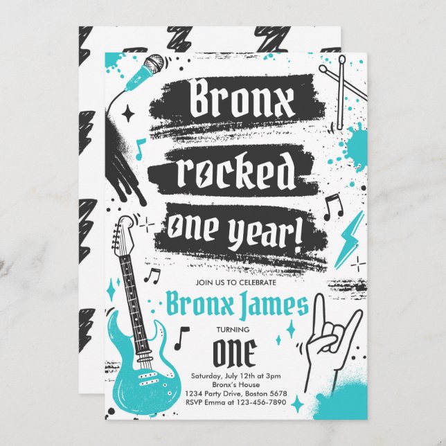 Rock and roll Party Rocked ett år 1:a födelsedagen Inbjudningar (Fram/baksida)