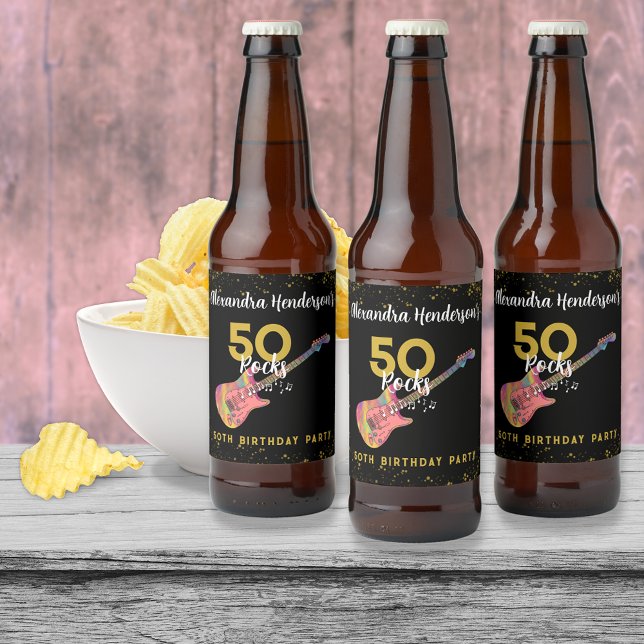 Rock and Roll Rosa Svart Guld 50-årsfest Ölflaska Etikett (50 rocks pink black and gold glitter rock and roll 50th birthday party personalized beer labels)