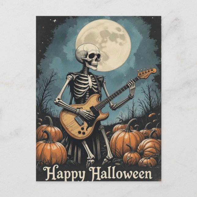 Rock and roll Skeleton Halloween Music Älskare Vykort (Framsida)
