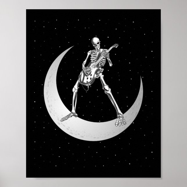 Rock and roll Skeleton spelar Guitar Sten vid Måne Poster (Framsidan)