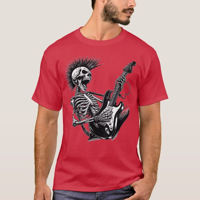 Rock and Roll Skelett spelar gitarr T Shirt (Framsida)
