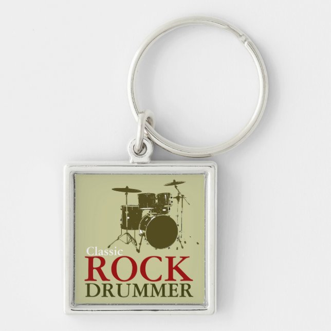rock and roll trumummer fyrkantig silverfärgad nyckelring (Framsidan)