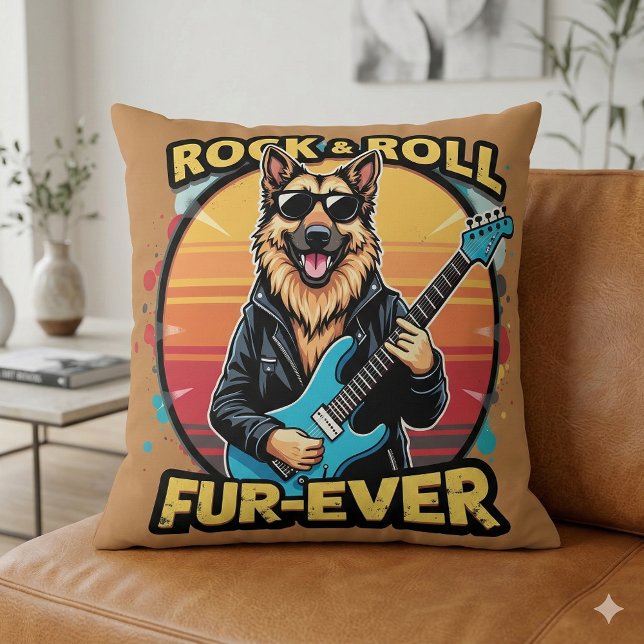Rock and Roll tysk schäferhund Retro solnedgång ko Kudde (Rock and Roll German Shepherd Retro Sunset Art Throw Pillow Mockup A)