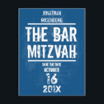 Rock Band Bar Mitzvah Spara datum Alla typer, Blå Meddelande Vykort<br><div class="desc">Varje stor Bar Mitzvah börjar med en liten surr. Skapa lite av din egen med detta postkort för att spara datum och se till att dina vänner och familj är på första raden. Denna Bar Mitzvah-inbjudan har en slitna bakgrund i marinblå med ett kompletterande grunge-teckensnitt som håller ihop allt. Du...</div>