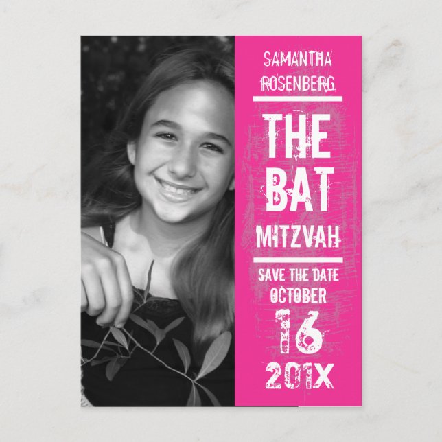 Rock Band Bat Mitzvah Save the Date i Rosa Meddelande Vykort (Framsida)