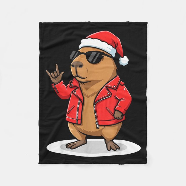Rock Capybara Xmas Santa Men Women Kids Funny Ugly Fleecefilt (Framsidan)