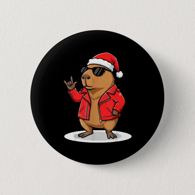 Rock Capybara Xmas Santa Men Women Kids Funny Ugly Knapp (Framsida)