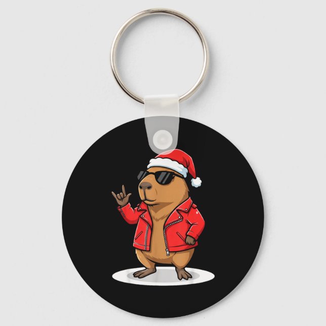 Rock Capybara Xmas Santa Men Women Kids Funny Ugly Nyckelring (Framsida)